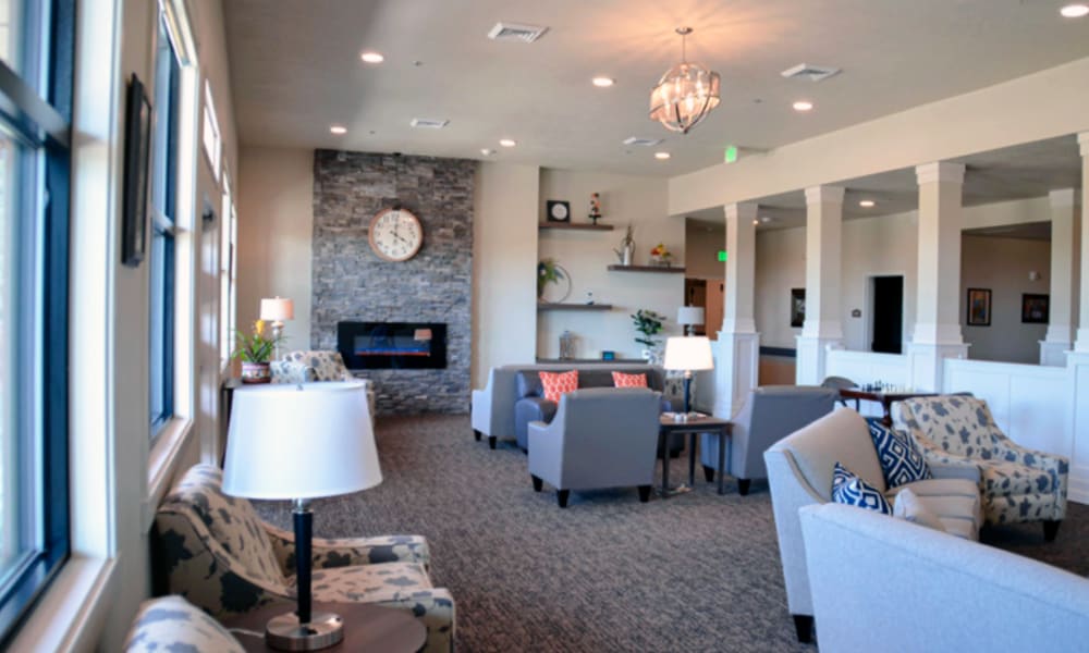 Decorated lounge area with a muted blue color scheme at Aspen Valley Senior Living in Boise, Idaho