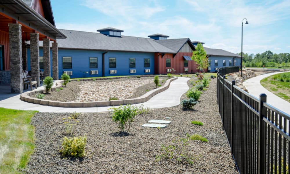 Winding walking paths looping around Aspen Valley Senior Living in Boise, Idaho
