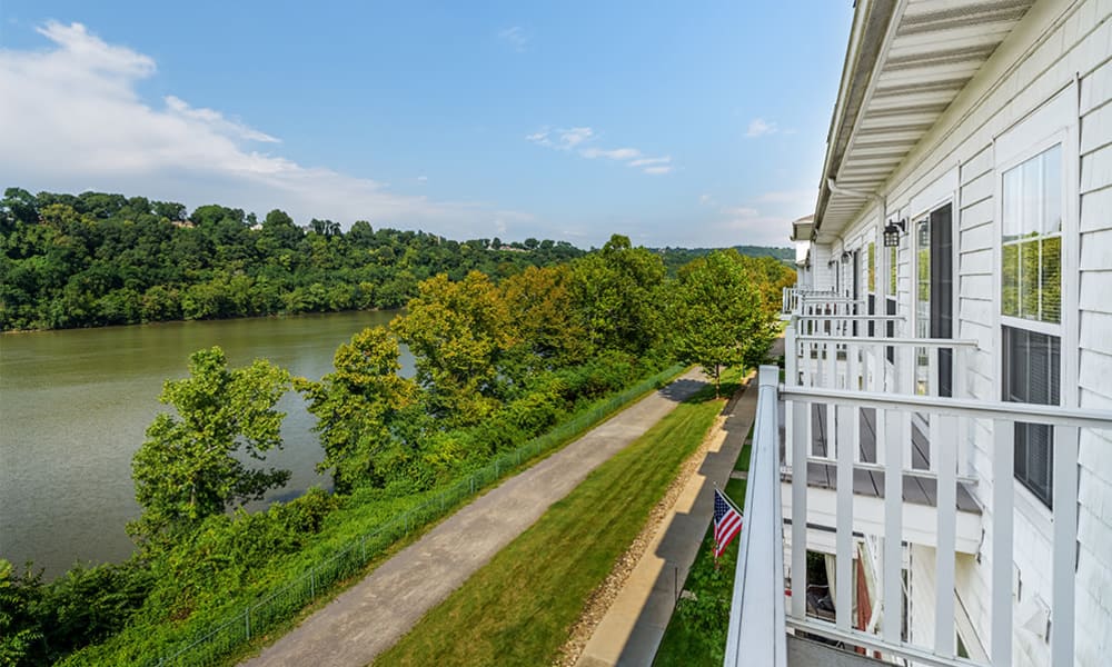 Riverfront views at The Waterfront Apartments & Townhomes in Munhall, Pennsylvania