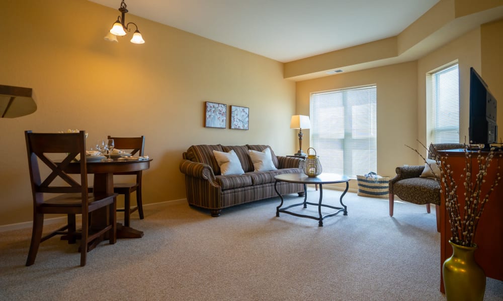 Senior apartment living room at York Gardens in Edina, Minnesota