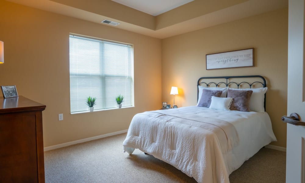 Bedroom in a senior apartment at York Gardens in Edina, Minnesota