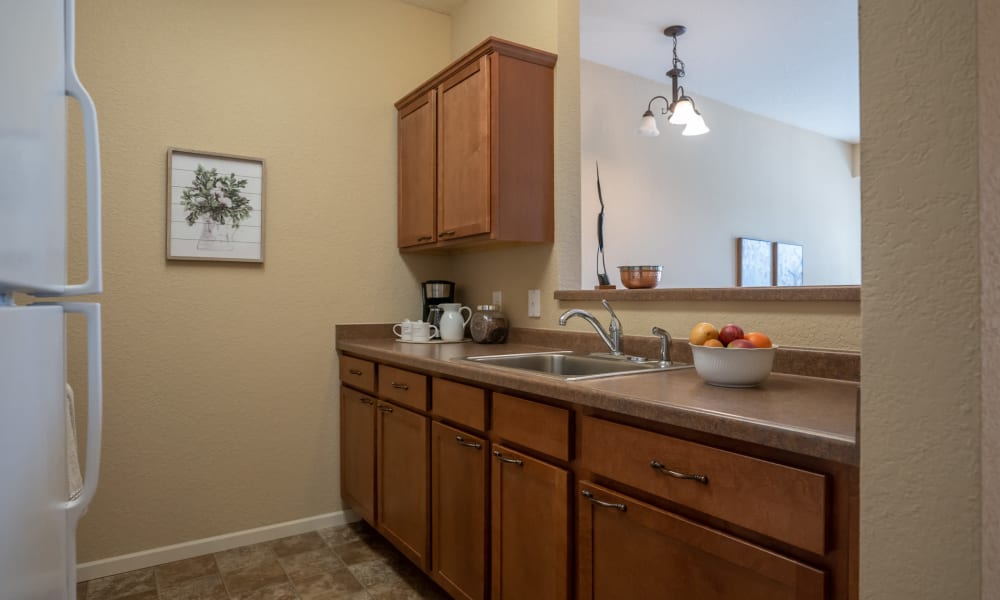 Full kitchen in the senior apartments at York Gardens in Edina, Minnesota