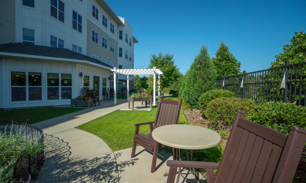 Outdoor patio with seating and tables at York Gardens in Edina, Minnesota