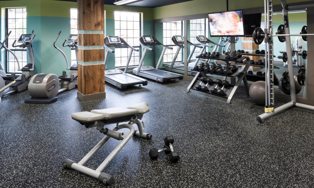 Community gym with free weights at Bellrock Bishop Arts in Dallas, Texas