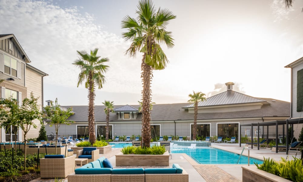 Poolside lounge at Bellrock Market Station in Katy, Texas