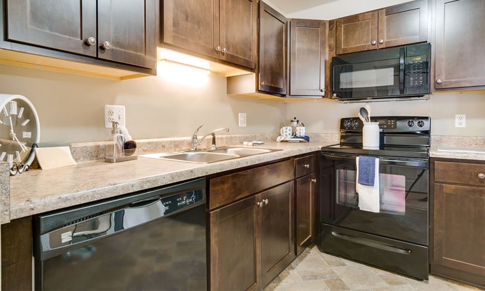 Kitchen with modern appliances at Pavilion Court Apartment Homes in Novi, Michigan