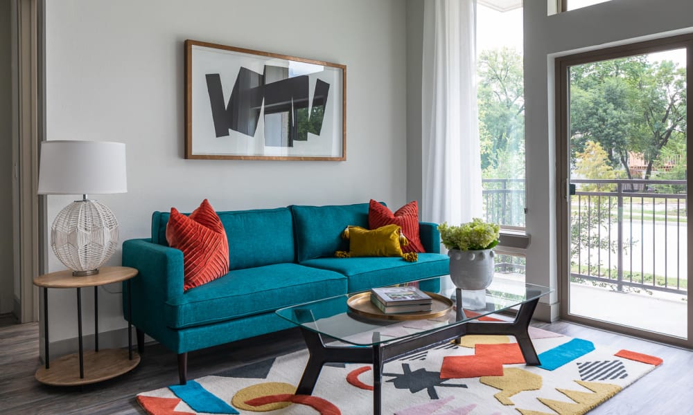 Colorful living room at Bellrock Summer Street in Houston, Texas