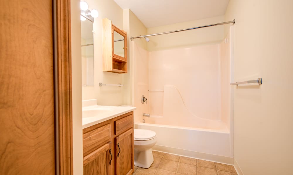 Bathroom with linen closet at Kimbrook Manor Apartments in Baldwinsville, New York