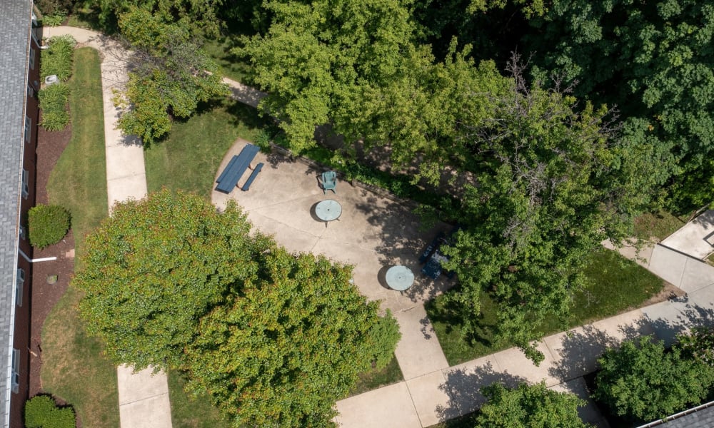 Aerial view of the deck seating outside at Fair Oaks Health Care Center in Crystal Lake, Illinois