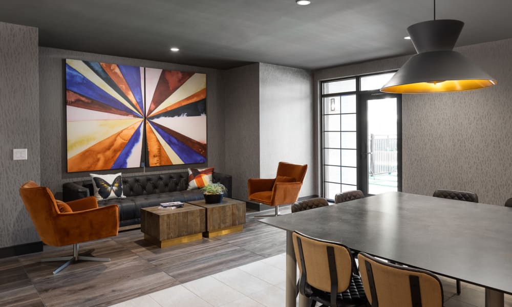 Communal dining and lounge area at Bellrock Sawyer Yards in Houston, Texas