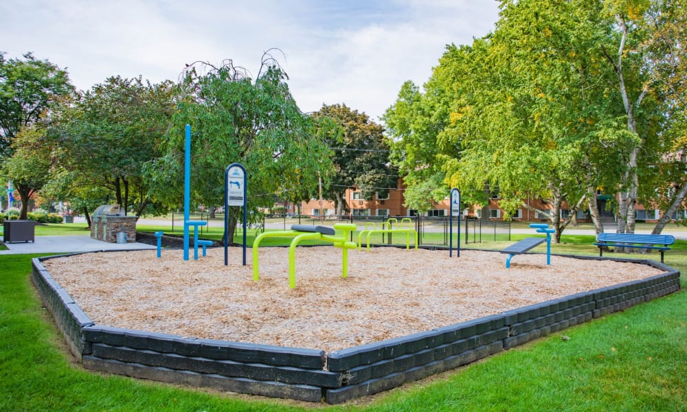 Outdoor fitness stations at Oak Hill Terrace in Rochester, New York