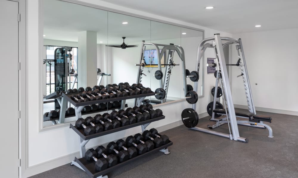 Rack of weights at Bellrock Memorial in Houston, Texas