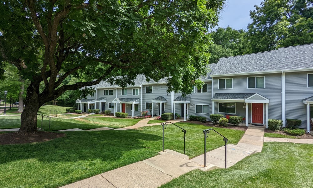 Garden view and townhme entrance at Stewartown Homes in Gaithersburg, Maryland