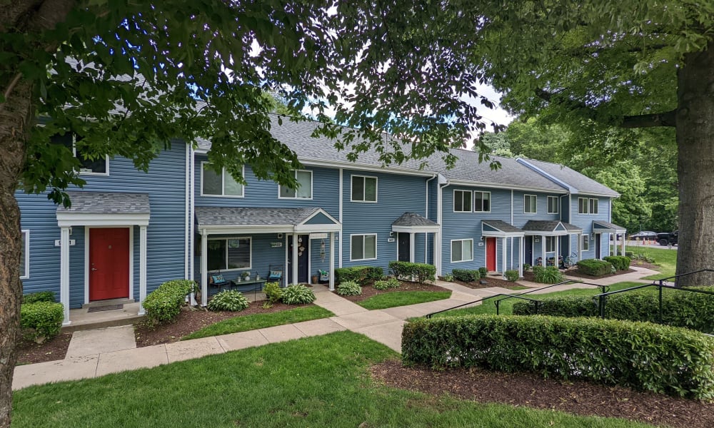 Front view of townhomes at Stewartown Homes in Gaithersburg, Maryland