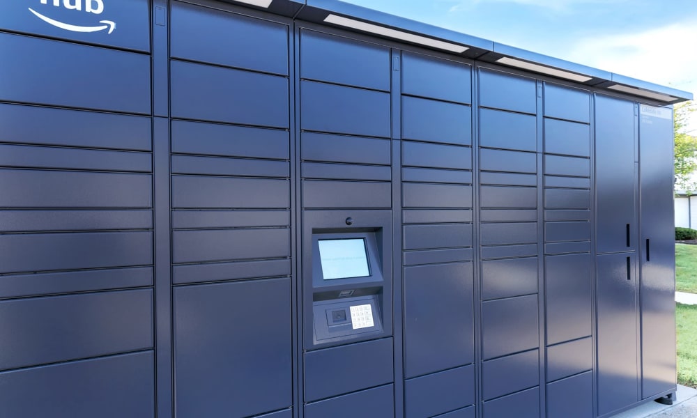 Amazon Hub package lockers at Lakeside Crossing at Eagle Creek in Indianapolis, Indiana