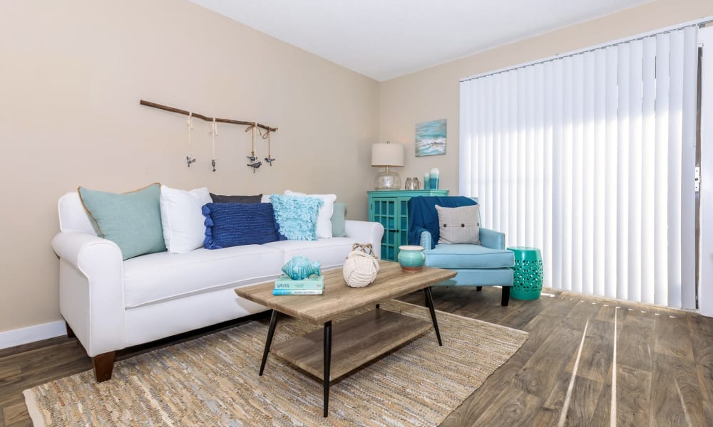 Spacious living room of a model apartment at Lakeside Crossing at Eagle Creek in Indianapolis, Indiana