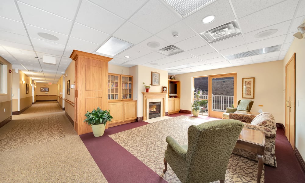 Common sitting area where friends and family congregate at Bell Tower Residence Assisted Living in Merrill, Wisconsin