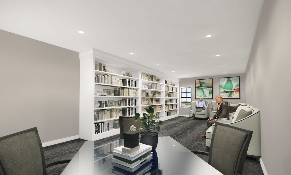 Resident library with seating at Keystone Place at Magnolia Commons in Glen Carbon, Illinois