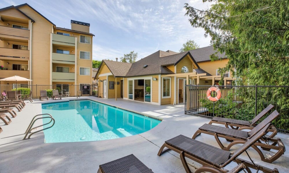 Pool area at Crosspointe Apartments in Federal Way, Washington