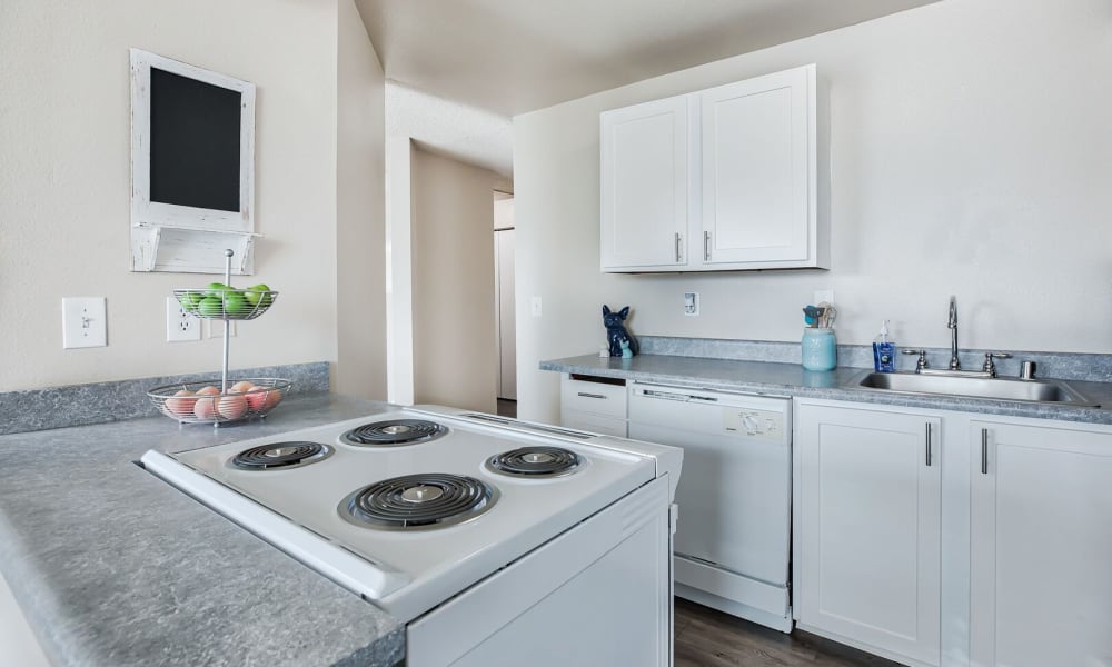 Modern kitchens with appliances at Hiddenvale Apartments in University Place, Washington