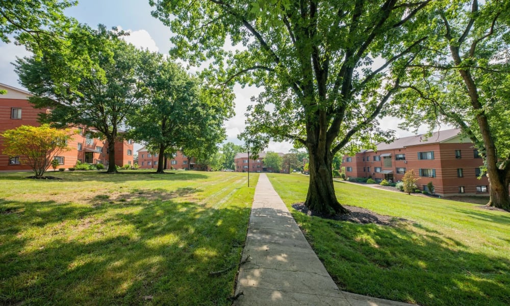 Landscaped pathway through the apartment complex at Cedar Ridge Apartments in Park Hills, Kentucky