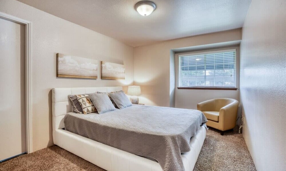 Modern bedrooms at River Pointe Apartments in Kent, Washington