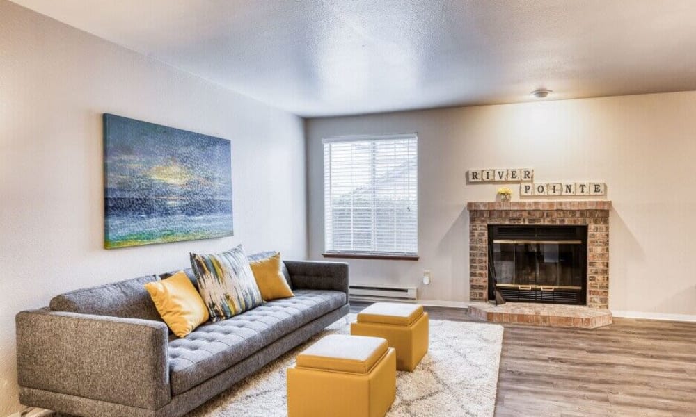 Modern living rooms at River Pointe Apartments in Kent, Washington