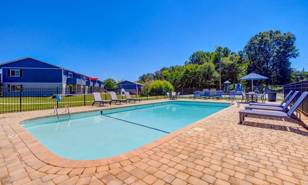 Beautiful blue sky with a luxurious pool Lakewood Apartment Homes in Salisbury, North Carolina