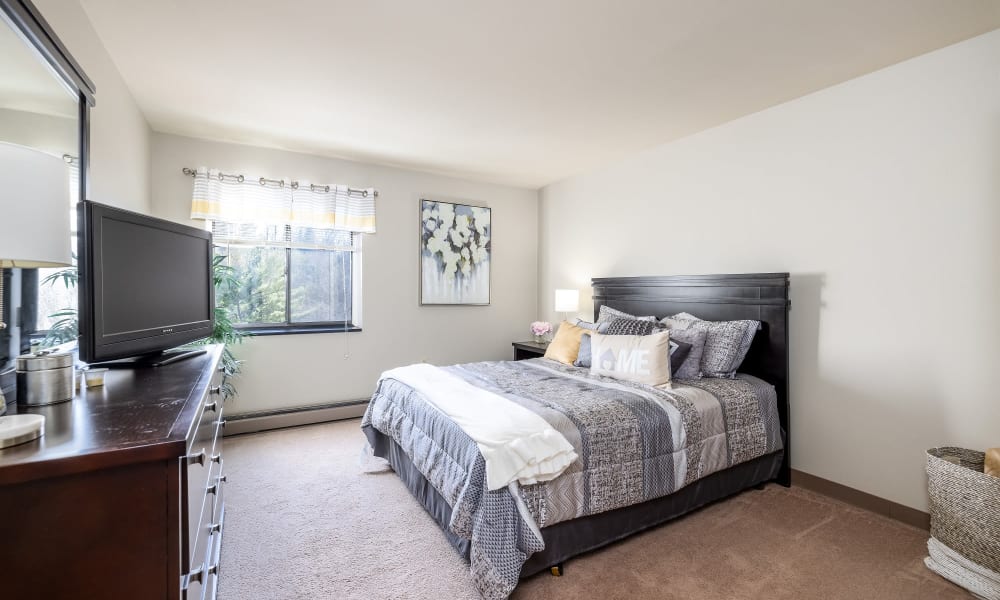 Luxurious and spacious bedroom with access to natural lighting at Maiden Bridge & Canongate Apartments in Pittsburgh, Pennsylvania