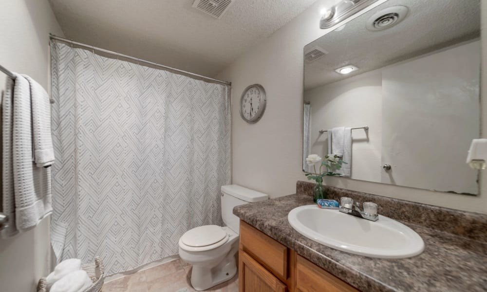 Bathroom with big mirror at Regency Point Apartments in Tulsa, Oklahoma