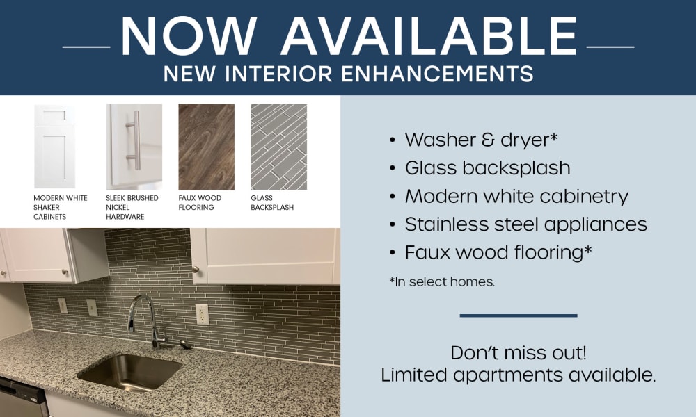Graphic showing new kitchen enhancements available at Forestbrook Apartments & Townhomes in West Columbia, South Carolina
