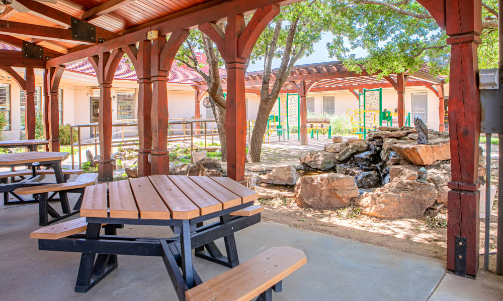 Tables and seats in the courtyard at Clovis, New Mexico