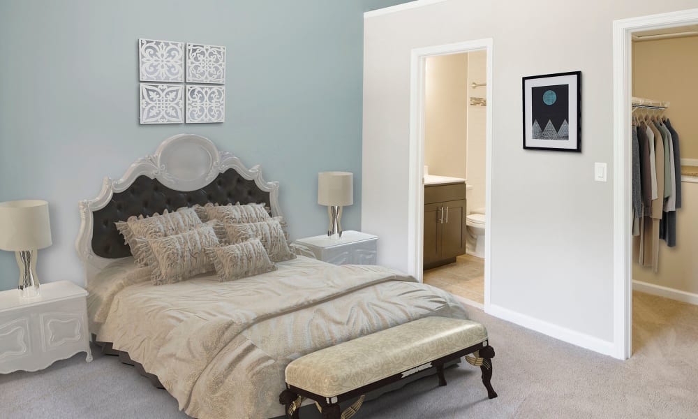 A furnished apartment bedroom at Timberlawn Crescent in North Bethesda, Maryland