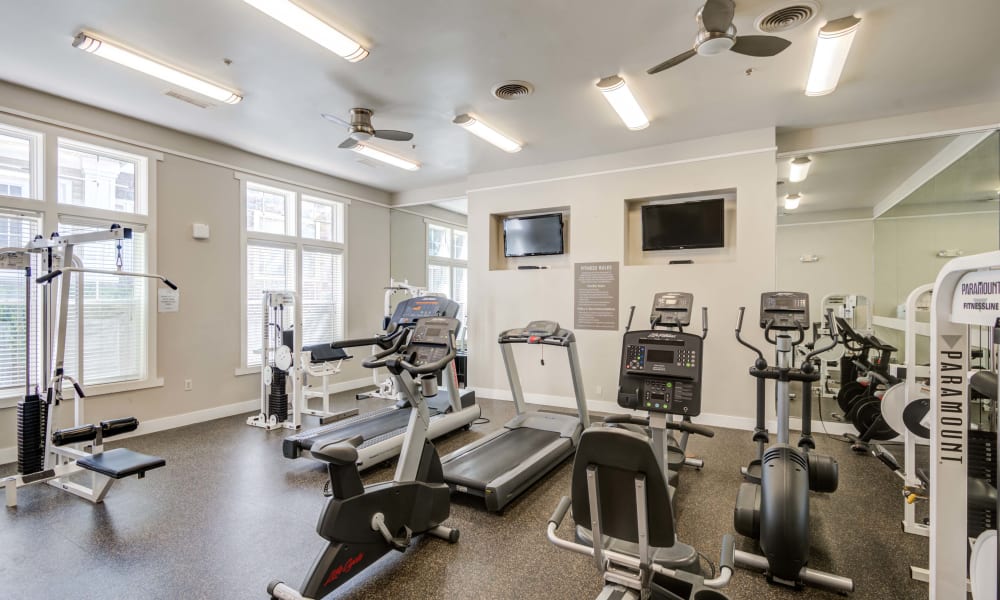 Fitness center at Arbor Ridge Apartments in Owings Mills, Maryland with large windows for ample natural light and a variety of fitness equipment.