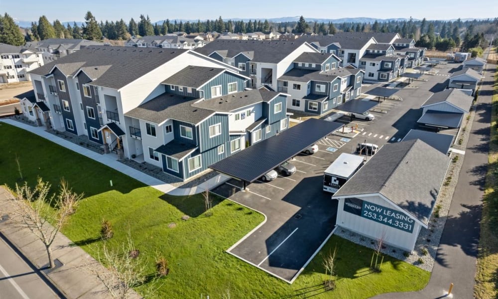 View of the neighborhood skyline on a beautiful day at Wyndstone Apartments in Yelm, Washington