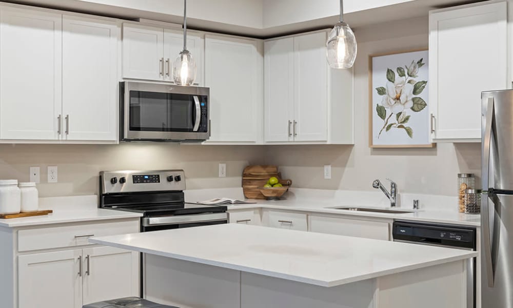Modern appliances in a model home's kitchen at Wyndstone Apartments in Yelm, Washington