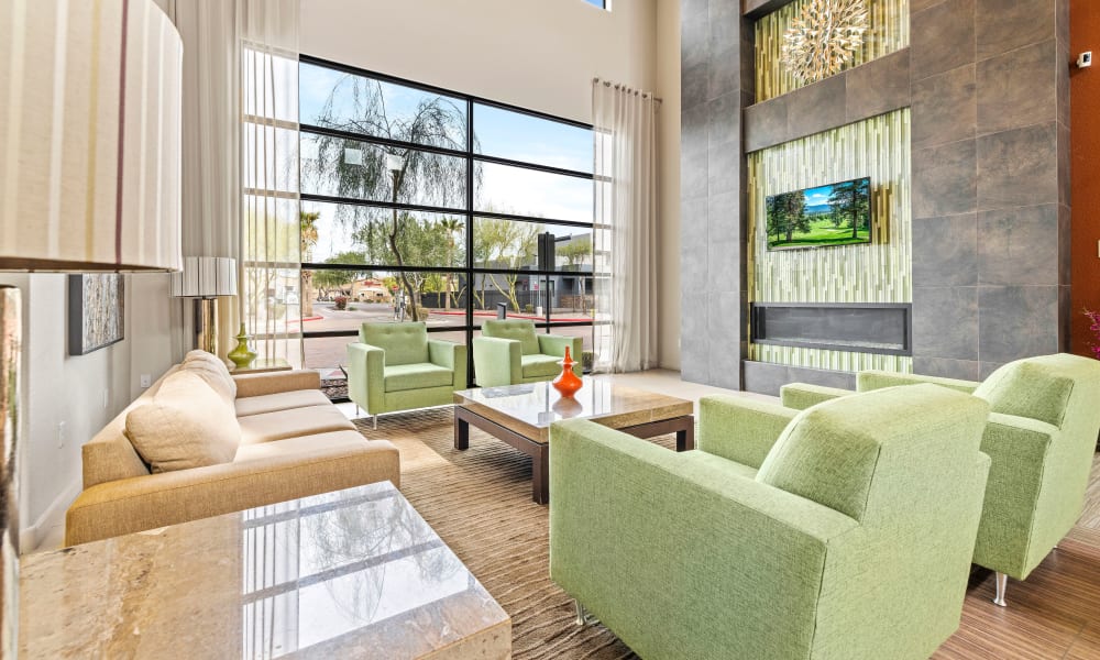 Clubhouse living area with flat screen TV at Vive in Chandler, Arizona