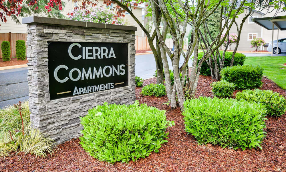 Sign at front entrance at Cierra Commons Apartments in Burien, Washington
