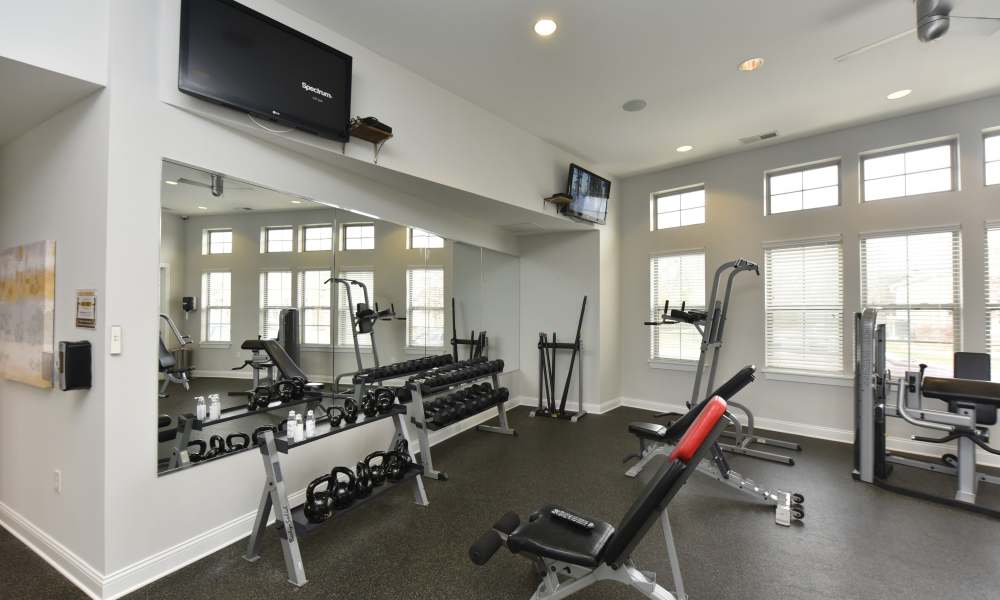 Gym with large mirror Solana at the Crossing in Indianapolis, Indiana