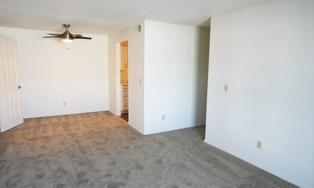 Spacious living area open to the dining room with plenty of space for a table at River Club in Evansville, Indiana
