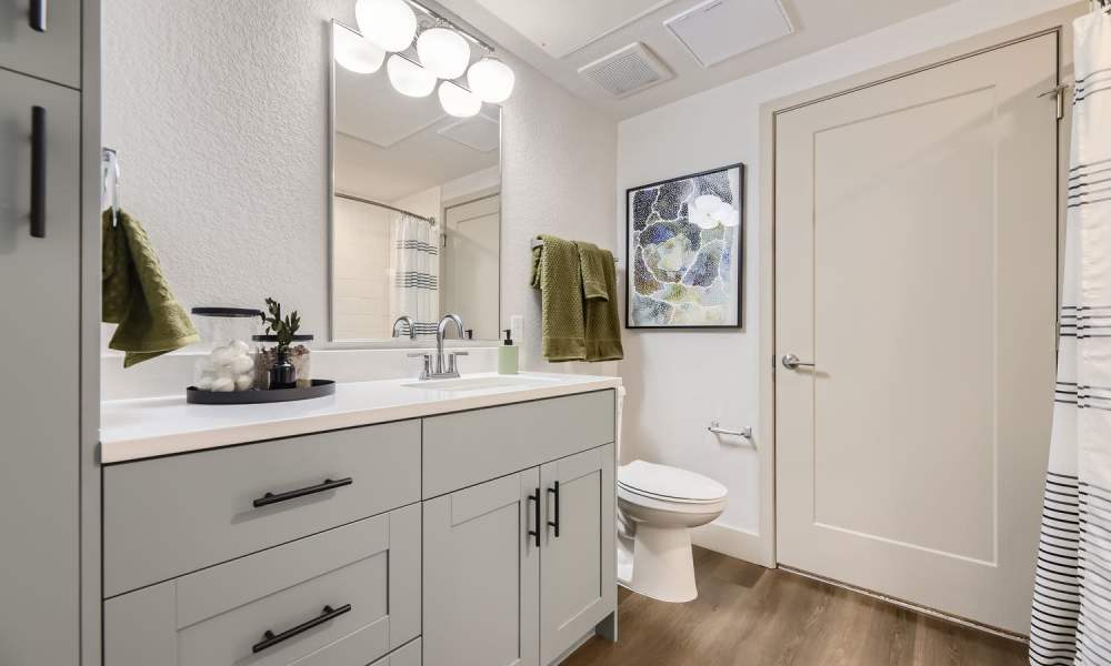 Bathrooms with abundant storage at Sorella in Denver, Colorado