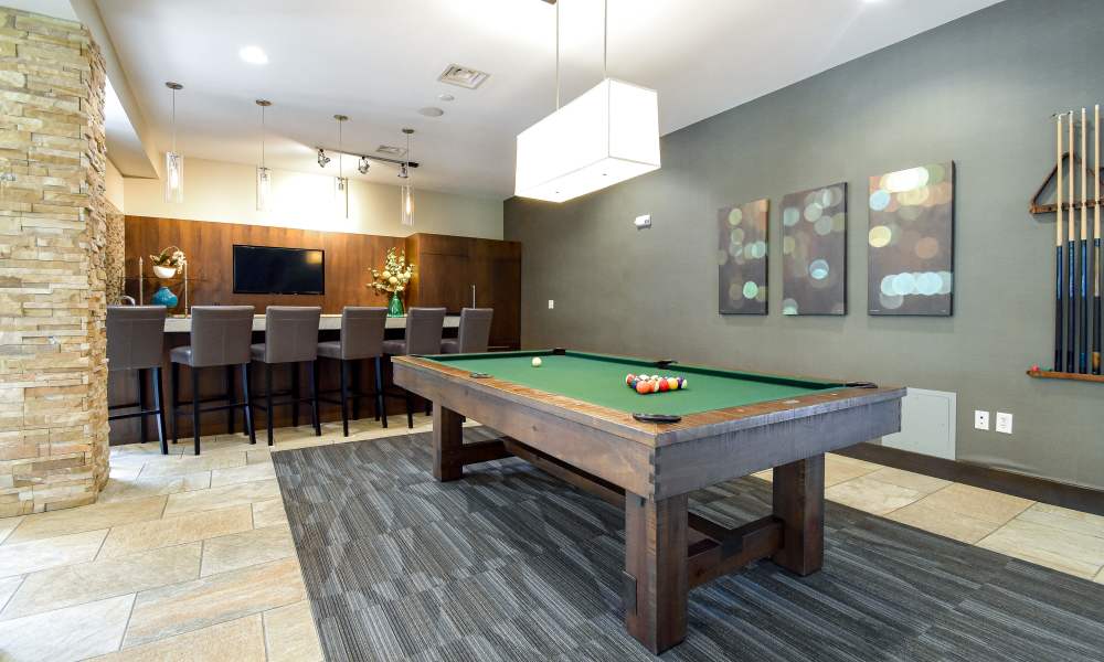 Billiard lounge with nice pool table and flat-screen TV at Park Laureate Apartments & Townhomes in Louisville, Kentucky, 