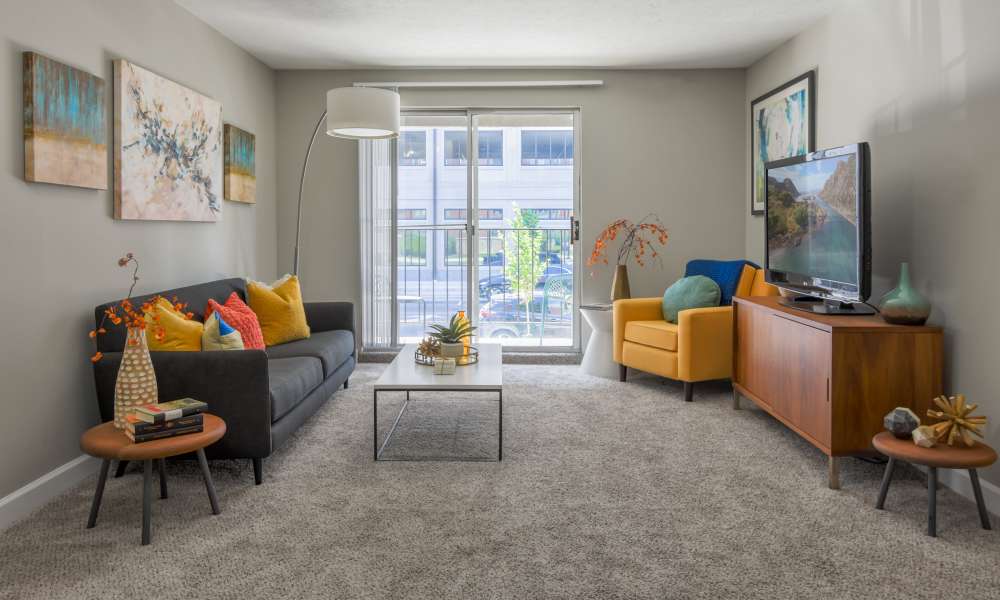 Living with tv unit setup at The Pointe at St. Joseph Apartment Homes in South Bend, Indiana