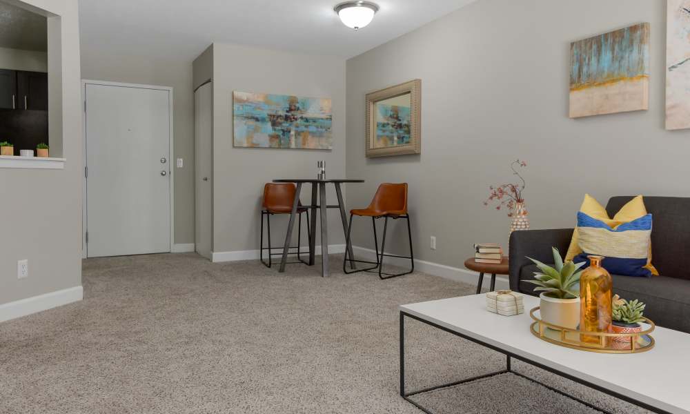 View of dinning from living at The Pointe at St. Joseph Apartment Homes in South Bend, Indiana