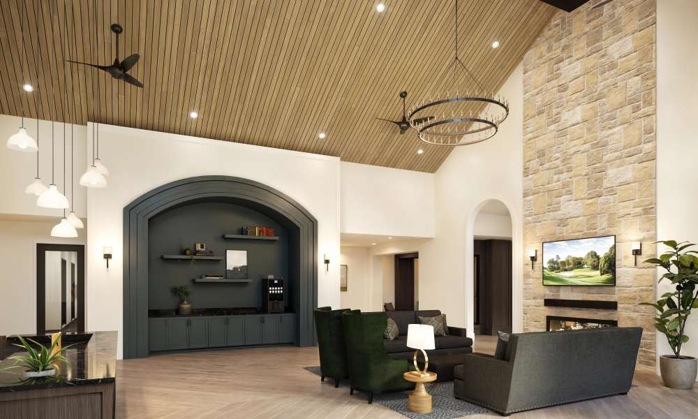 Cafe with coffee machine and ambient lighting at Waltonwood Lead Mine in Raleigh, North Carolina, 