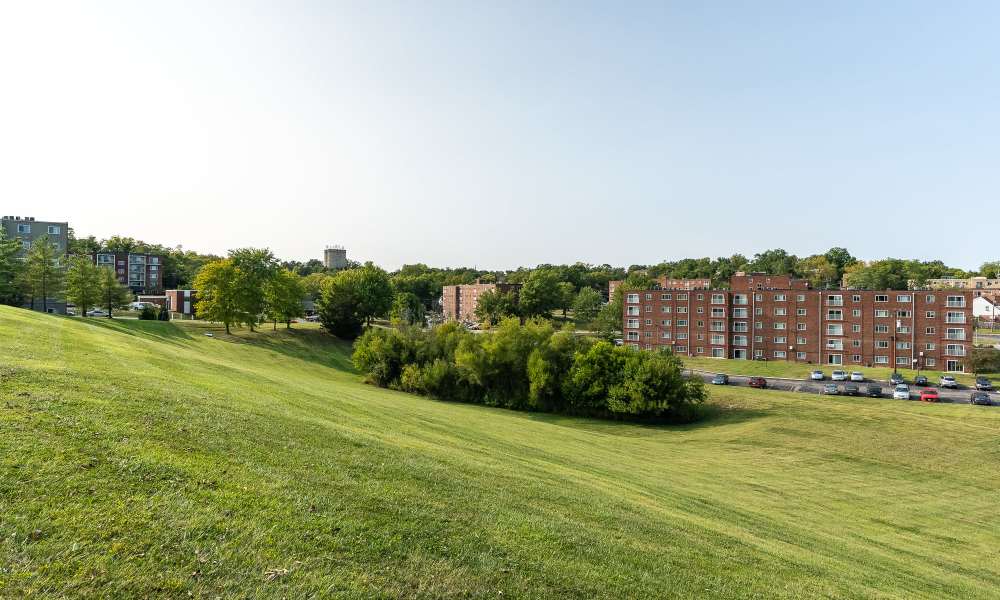 Exterior view of the community with trees all around at Vantage Pointe West Apartment Homes in Cincinnati, Ohio