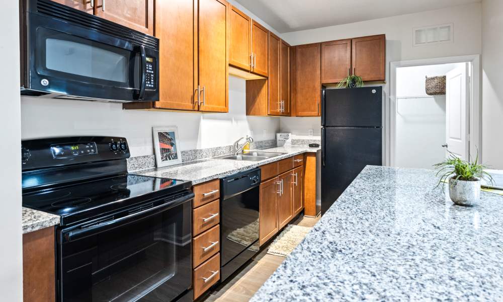 Kitchen with beautiful wooden cabinetry at The Hawthorne in Jacksonville, Florida