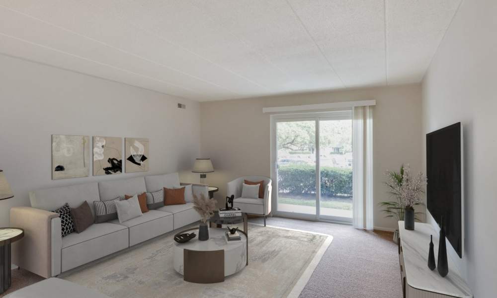 View of the spacious living room and kitchen at Vantage Pointe West Apartment Homes in Cincinnati, Ohio