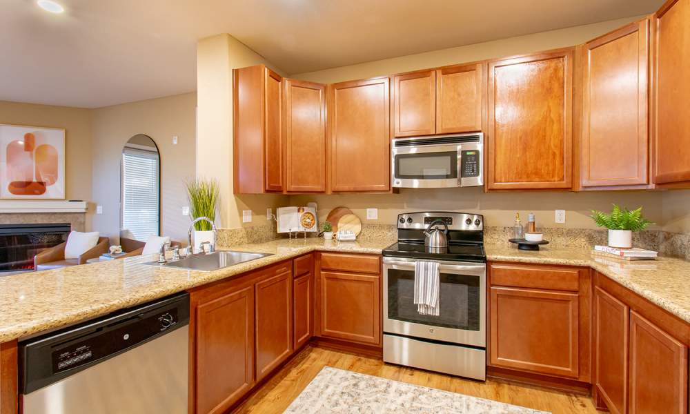 Kitchen with stainless-steel appliances and granite countertop at The Villas at Keystone Canyon in Reno, Nevada