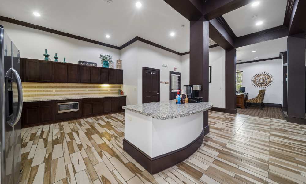 Resident clubhouse kitchen at Sunset Lodge in Odessa, Texas